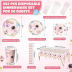 452 Pcs Pink Space Birthday Decorations for 50, Star Astronaut Paper Plates Napkins Cups Moon Tablecloth Cutlery Straws for Solar System Planets Baby Shower Party Supplies Decorations