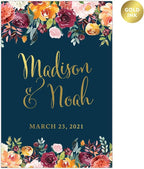 Andaz Press Personalized Extra Large Wedding Easel Board Party Sign, 12x18-inch, Fall Autumn Orange Burgundy Coral Roses on Navy Blue, Bride Groom Names and Date, 1-Pack, Custom