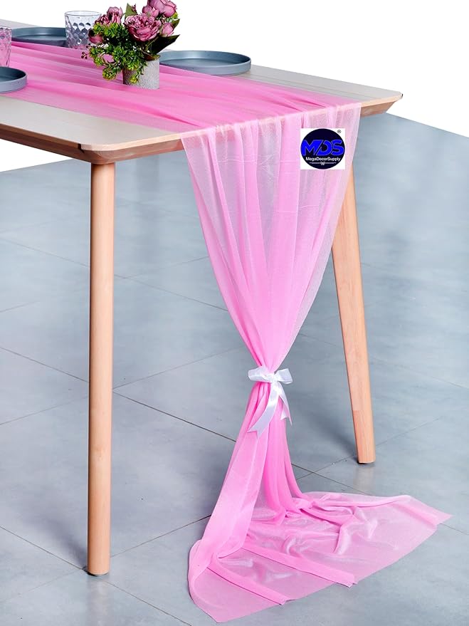 MDS 25 Pack 10ft Chiffon Table Runner 29 x 120 Inches Sheer Wedding Runner Romantic Rustic Table Runner for Wedding Decorations, Birthday Parties, Bridal Shower Party Arch Decor - Bubblegum Pink