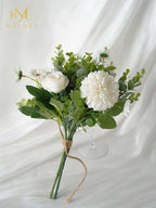 Meldel 3 Pcs Bouquet Rose Artificial Fake Flowers Eucalyptus Plants Faux Silk Flower Arrangements Wedding Bouquets Decorations Floral Table Centerpieces for Home Kitchen Garden Party Decor (White)