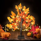 18 Inch Fall Lighted Maple Tree with 36 LEDs, 6 Acorns, Timer Battery Operated Tabletop Artificial Tree for Autumn Thanksgiving Halloween Christmas Harvest Indoor Decorations