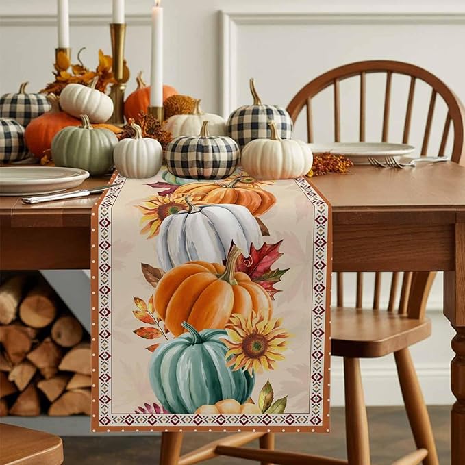 Fall Thanksgiving Southwest Cotton Linen Table Runner for Dining Kitchen, Orange Pumpkins Wedding Outdoor Party Rustic Tablerunners Decoration, Sunflower Dresser Scarf Tablecloth Runners 13x36 Inches
