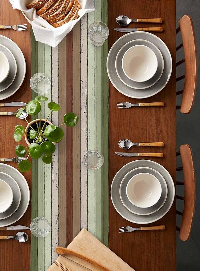 Sage Green Wooden Cotton Linen Table Runner for Dining Kitchen, Wedding Outdoor Party Tablerunners Decoration, Vintage Country Retro Distressed Grain Dresser Scarf Coffee Tablecloth Runners 13''x120''