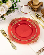 Goodluck 350 Piece Red Dinnerware Set for 50 Guests, Fancy Disposable Plates, Include: 100 Red Rim Plastic Plates, 150 Silverwares, 50 Pre Rolled Napkins, 50 Cups for Party, Wedding