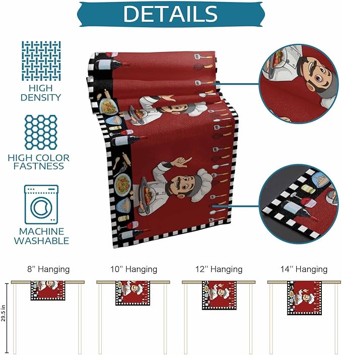 Red Chef Gourmet Cotton Linen Table Runner for Dining Kitchen, Wedding Outdoor Party Tablerunners Decoration, Black White Check Plaid Funny Kitchen Dresser Scarf Coffee Tablecloth Runners 13x36 Inches