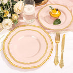 Hioasis 60pcs Pink Plastic Plates - Pink and Gold Disposable Dinnerware with Gold Rim, Heavy-duty, 7.5 inch, Dessert Plates for Party & Wedding