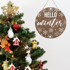 Muktoujaumai Hello Winter Sign Front Door Decor, Christmas Round Hanging Sign Decor Rustic Snowflake Xmas Holiday Wall Decorations Winter Wood Sign for Door, Porch, Home, Welcome Winter