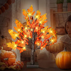 2 Pack 18 Inch Prelit Fall Maple Tree with 36 LED Lights, 6 Acorns, 1.5ft Tabletop Autumn Artificial Tree, Fall Centerpieces for Thanksgiving Decoration, Christmas Halloween Harvest Home Decor