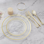 BESTVIP 150PCS Plastic Dinnerware Set (25 Guests), Clear Gold Disposable Plates for Party, Wedding, Christmas, Anniversary, Includes: Dinner Plates, Dessert Plates, Cups, Spoons, Forks and Knives