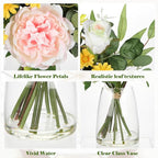 Briful Artificial Flowers in Vase, Mixed White Rose Pink Peony Yellow Daisy and Greenery Leaf Floral Arrangements, Fake Flowers in Glass Vase with Faux Water, Home Wedding Patio Centerpiece Decor