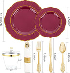 Liacere 350PCS Red Plastic Plates-Disposable Burgundy Red and Gold Plates 50guest Baroque Plastic Dinnerware include 100Plates, 50Pack Pre Rolled Napkins with Silverware 50Cups for Girlfriends' Day