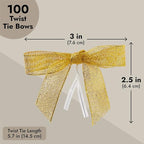 Bright Creations Gold Twist Tie Bows - 100 Pack, 2.5 x 3 in - Pretied Gold Bows & Ribbon for Treat Bags & Twist Ties for Crafts