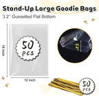 PigPotParty 12"x 16", 50Pcs Bottom Gusset Bags, Clear Plastic Cellophane Gift Mug Treat Goodie Bags with 50x Twist Ties, Large Party Favor Packaging, Toy Wrapping (No Side Gusset)