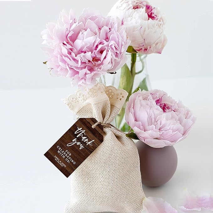 Andaz 100-Pack Personalized Thank You Tags - Custom Cardstock Wedding Favors with Bakers Twine & Rustic Wood Finish - 2 x 3.75-Inches