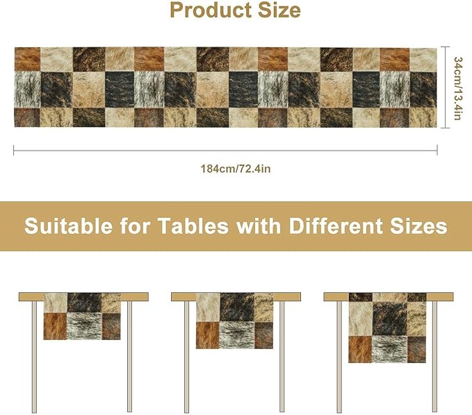 Rustic Cow Skin Patchwork Print Table Runner, Farmhouse Country Western Style Fur Table Cover for Dinning Home Party Holidays Home Setting, 13x36 Inch