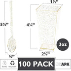 Ilyapa 3oz Plastic Dessert Cups - 100 Pack Mini Dessert Cups with Spoons - Clear Reusable Small Appetizer Cup for Cheesecake Shooters, Chocolate Mousse - Party and Catering Supplies - Square Gold