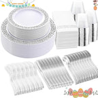 WELLIFE 350pcs Silver Party Dinnerware Set for 50 Guests, Silver Wedding Plates Disposable Heavy Duty, Including :50 Dinner Plates, 50 Dessert Plates, 50 Cups, 50 Napkins, 50 Sliver Silverware Set