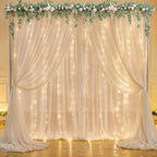 10ft x 7ft Champagne Chiffon Backdrop Curtain with Lights String for Parites Wedding Wrinkle Free Curtain Photo Backdrops Drapes for Baby Shower Birthday Party Home Decorations