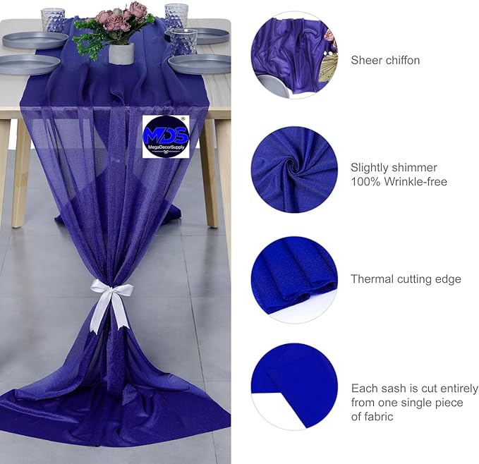 MDS 25 Pack 10ft Chiffon Table Runner 29 x 120 Inches Sheer Wedding Runner Romantic Rustic Table Runner for Wedding Decorations, Birthday Parties, Bridal Shower Party Arch Decor - Royal Blue