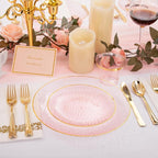 Rubtlamp 175 Pcs Pink Plastic Plates Dinnerware Set (25 Guests), Pink Disposable Plates With Gold Rim, Hammered Party Platos Set Include Dinner Plates, Dessert Plates, Cups, Cutlery for Party
