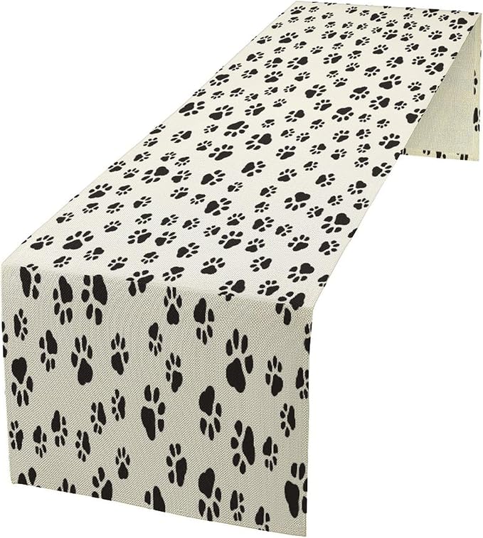 Dog Paws Table Runner,Cartoon Cute Black White Animal Footprints Abstract Tablecloth Burlap for Hotel Indoors Outdoor Dining Room Kitchen Home Decor,W13X L80 in