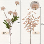 Waipfaru 10pcs Fake Silk Pompon Mum Artificial Flowers, Bulk Faux Mini Chrysanthemums with 2pcs Eucalyptus Stems, for Centerpieces Wedding Fillers Champagne Arrangements Boho Decor, No vase, Beige