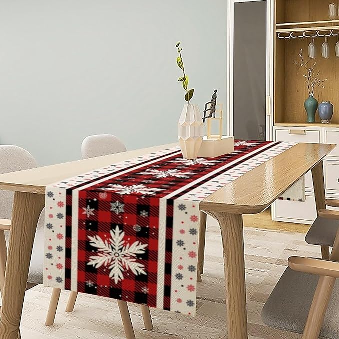 Snowflakes Christmas Table Runner,Red Buffalo Plaid Seasonal Winter Kitchen Dining Table Decoration for Home Party Decor 13x120 Inch