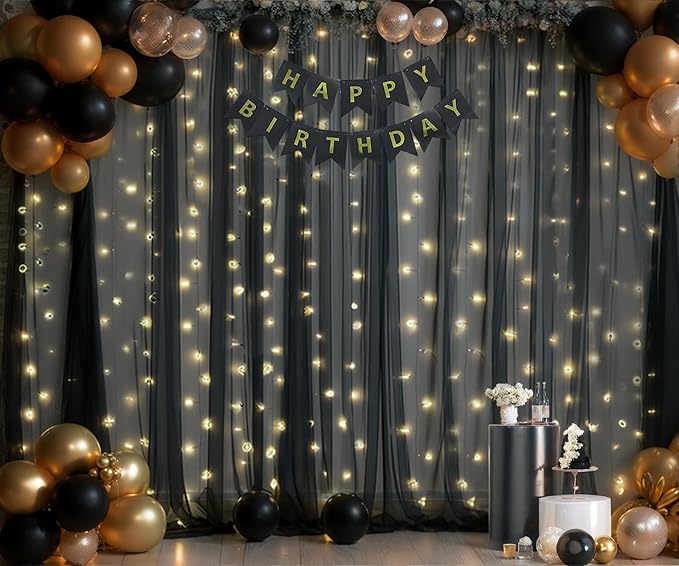Black Tulle Backdrop Curtain with Lights String for Parites 20ft×8ft Black Sheer Backdrop Curtains for Baby Shower Wedding Bridal Shower Birthday Party Photo Shoot Decorations(4 Panels 5×8ft)
