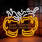 Stop Thinking Start Drinking Neon Sign for Wall Decor, Dimmable Two Beers Cheers Neon Lights with USB Powered Light up Sign for Home Bar Man Cave Party Club Restaurant