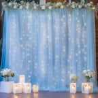 30×10ft Blue Tulle Backdrop Curtain with Lights String for Parties, Sheer Photo Backdrop Curtains for Wedding Party Photography Background