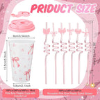 Yungyan 24 Sets Pink Bow Party Favors Goodie Cups with Lids and Straws for Birthday Coquette Party Decorations Reusable 16oz Plastic Candy Cups Plastic Straws for Christmas Decor(Pink Bow)