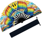 13" Large Rave Fan Bamboo, Folding Clack Hand Fans Foldable for Men Women, Boots on the Ground Poping Fan for EDM Festival Line Dance Decoration, (Rainbow, Large 13")