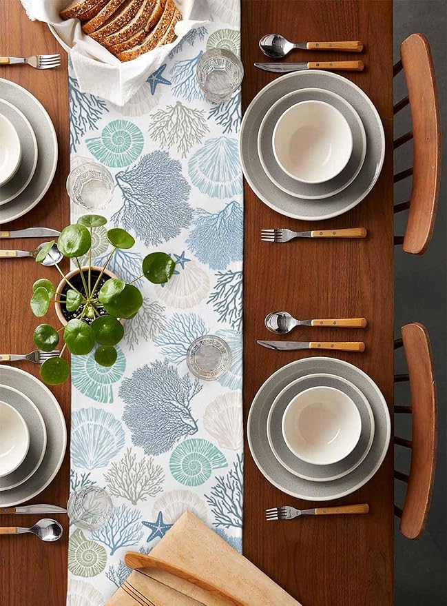 Coastal Coral Cotton Linen Table Runner for Dining Kitchen, Wedding Outdoor Party Tablerunners Decoration, Blue Nautical Starfish Ocean Shell Beach Dresser Scarf Coffee Tablecloth Runners 13x48 Inches