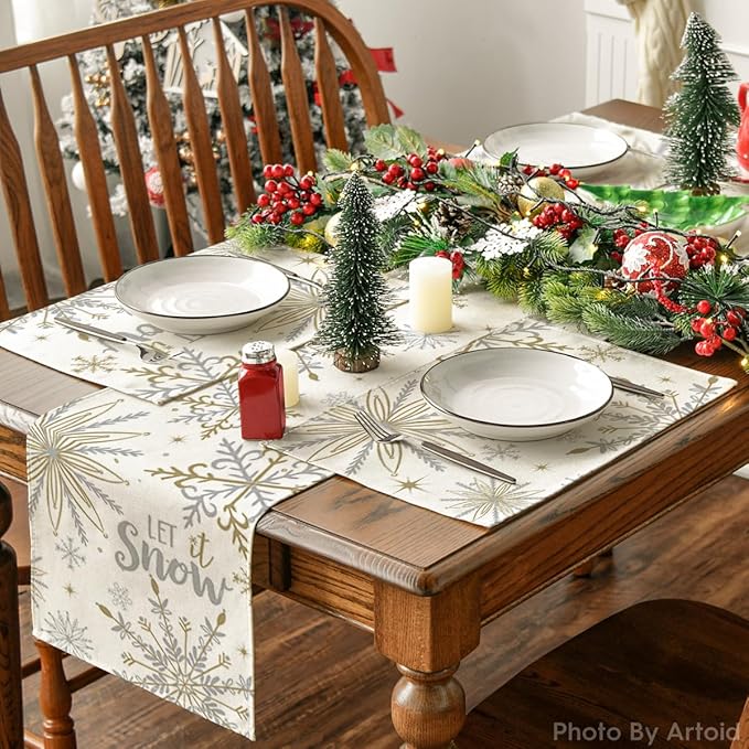 Artoid Mode Beige Snowflake Let It Snow Winter Placemats Set of 2, 12x18 Inch Seasonal Christmas Table Mats for Party Kitchen Dining Decoration