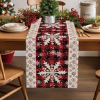 Buffalo Plaid Christmas Cotton Linen Table Runner for Dining Kitchen, Snowflake Red Black Check Wedding Outdoor Party Tablerunner Decoration, Retro Dresser Scarf Coffee Tablecloth Runners 13x70 Inches