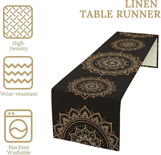 Golden Mandala Table Runner, Traditional Indian Gold Black Flower Vintage Luxury Bohemian Mandala Table Runner for Home Kitchen Dinning Table Indoor Outdoor Holiday, 13x60inch