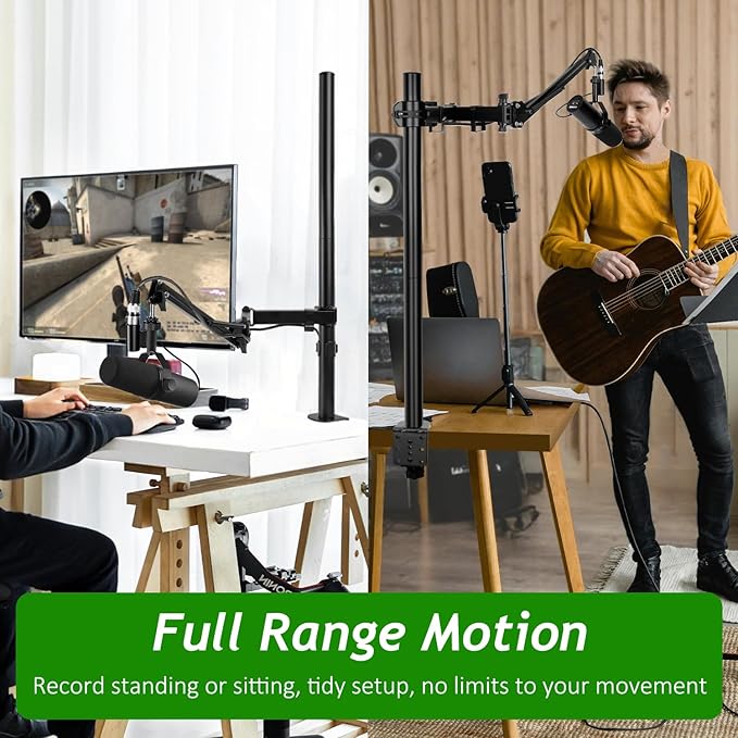 Mic Boom Arm, Adjustable Height Overhead Microphone Stand with Heightened Extension Riser for Shure SM7B Blue Yeti HyperX QuadCast S and other Mic