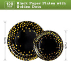 Lullaby 120PCS Black Paper Plates, Black and Gold Paper Plate, 60pcs Dinner Plates 9"，60pcs Dessert Plates 7", Disposable Graduation Plates with Golden Dot for Birthday party, Halloween