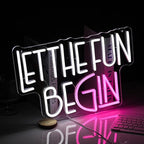 Let The Fun Begin Neon Sign USB Powered White Pink Fun Light Up Sign for Wall Decor Dimmable Led Letters Neon Light for Birthday Wedding Halloween Christmas Party Home Decor (15.8 * 11.8In)