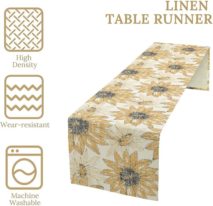 Chrysanthemum Vintage Floral Table Runner, Elegant Grunge Orange Sunflower Spring Summer Elegant Pattern Artichokes Flower Table Runner for Party Kitchen Dining Living Room Decor, 13x108 Inch