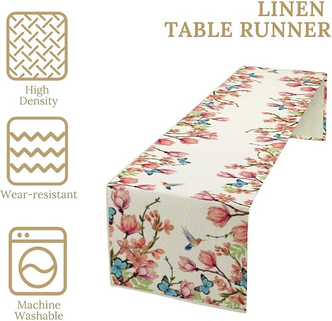 Spring Floral Bird Table Runner, Watercolor Pink Flower Plants Nature Butterfly Table Runner for Kitchen Dinner Living Room Home Party, 13x36 Inch