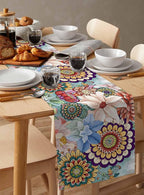 Boho Flowers Cotton Linen Table Runner for Dining Kitchen, Wedding Outdoor Party Tablerunners Decoration, Colorful Floral Farm Vintage Botanical Dresser Scarf Coffee Tablecloth Runners 13x108 Inches