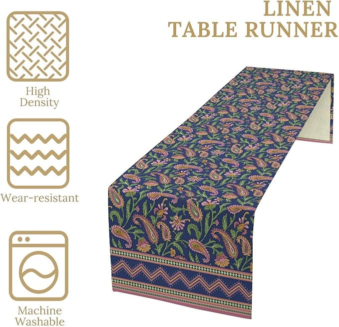 Colorful Paisley Floral Table Runner, Vintage Pink Purple Flowers Green Plants Leaves Print Table Runner for Kitchen Dining Table Indoor Outdoor Home Party, 13x90inch