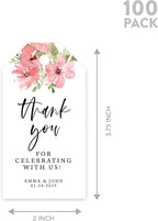 Andaz Press 100-Pack Personalized Thank You for Celebrating with Us Wedding Favor Tags with Bakers Twine Coral Watercolor Florals Custom Cardstock Wedding Gift Tags for Party Favors 2 x 3.75-Inches