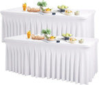 Wish Care 2 Pack White Spandex Table Clothes for 8 Foot Rectangle Tables, 8FT Wrinkle Free Fitted Tablecloths Ruffles Design Table Cover for Party, Banquet, Wedding and Events
