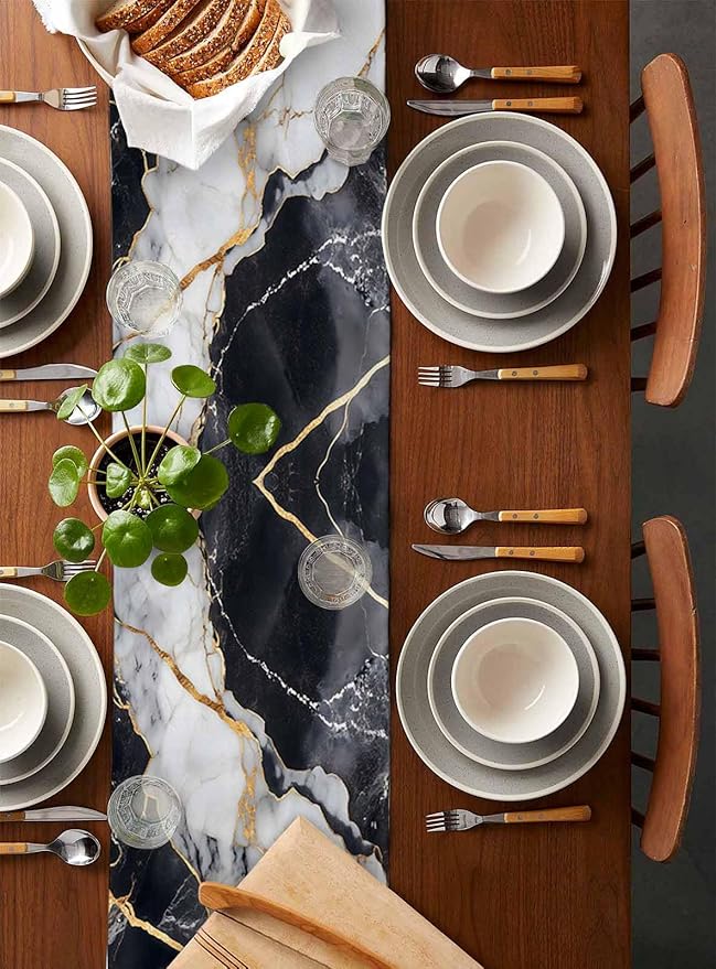 Black White Marble Cotton Linen Table Runner for Dining Kitchen, Wedding Outdoor Party Tablerunners Decoration, Nature Marble Crack Modern Art Dresser Scarf Coffee Tablecloth Runners 13x72 Inches