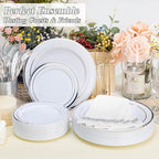 100PCS Silver Plastic Plates Set, 50 10.25 inch Dinner Plate and 50 7.5 inch Dessert Plates, Premium Disposable Plates for Party, Wedding