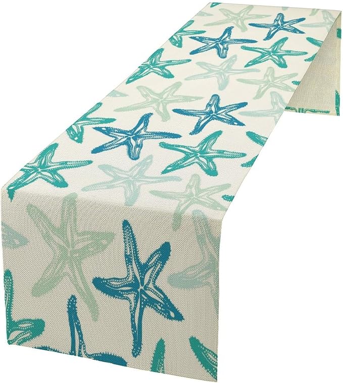 Starfish Plaid Table Flag Green Plaid and Marine Life Starfish Kitchen Table Flag Suitable for Birthday Party Restaurant Decoration Outdoor Picnic 13 * 90 Inch