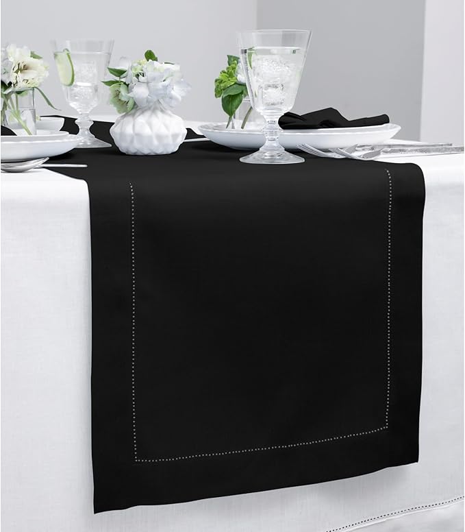 Solino Home Linen Black Table Runner 60 Inches - Classic Hemstitch, 100% Pure Linen Coffee Table Runner 14 x 60 Inch Ideal for Dresser Tables - Fall, Autumn, Halloween, Thanksgiving, Holiday
