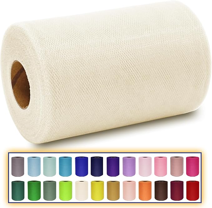Ivory Tulle Fabric Roll 6 Inch X 300 FT (100 Yards) Matte Tulle Ribbon Netting Mesh Spool for DIY Tutu Skirt Wedding Bow Gift Wrapping Baby Shower Christmas Party Halloween Decorations